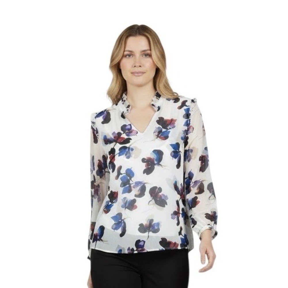 Cabi #4426 Sheer Ruffle Detail Blouse Size L Floral Chiffon Dressy Shirt Office